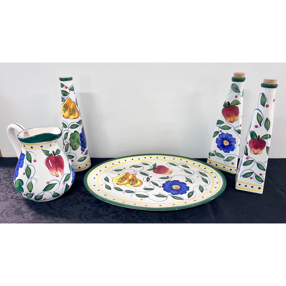 Bella Casa by Ganz‎ Fruit Floral Ceramic Platter Pitcher Bottles 5pc Set As Is